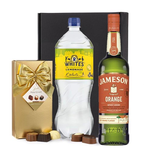 Jameson Orange Whiskey 70cl with R. White’s Lemonade & Chocolates Gift Box | Spirit Mixer Set